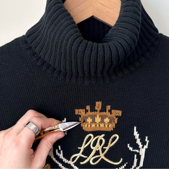 Lauren Ralph Lauren Intarsia Knit Elk Sweater Size XL Turtleneck Crest FLAW - Picture 3 of 10